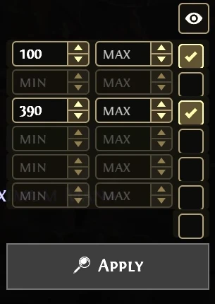 Min and max boxes with checkboxes beside each mod, and the Apply button