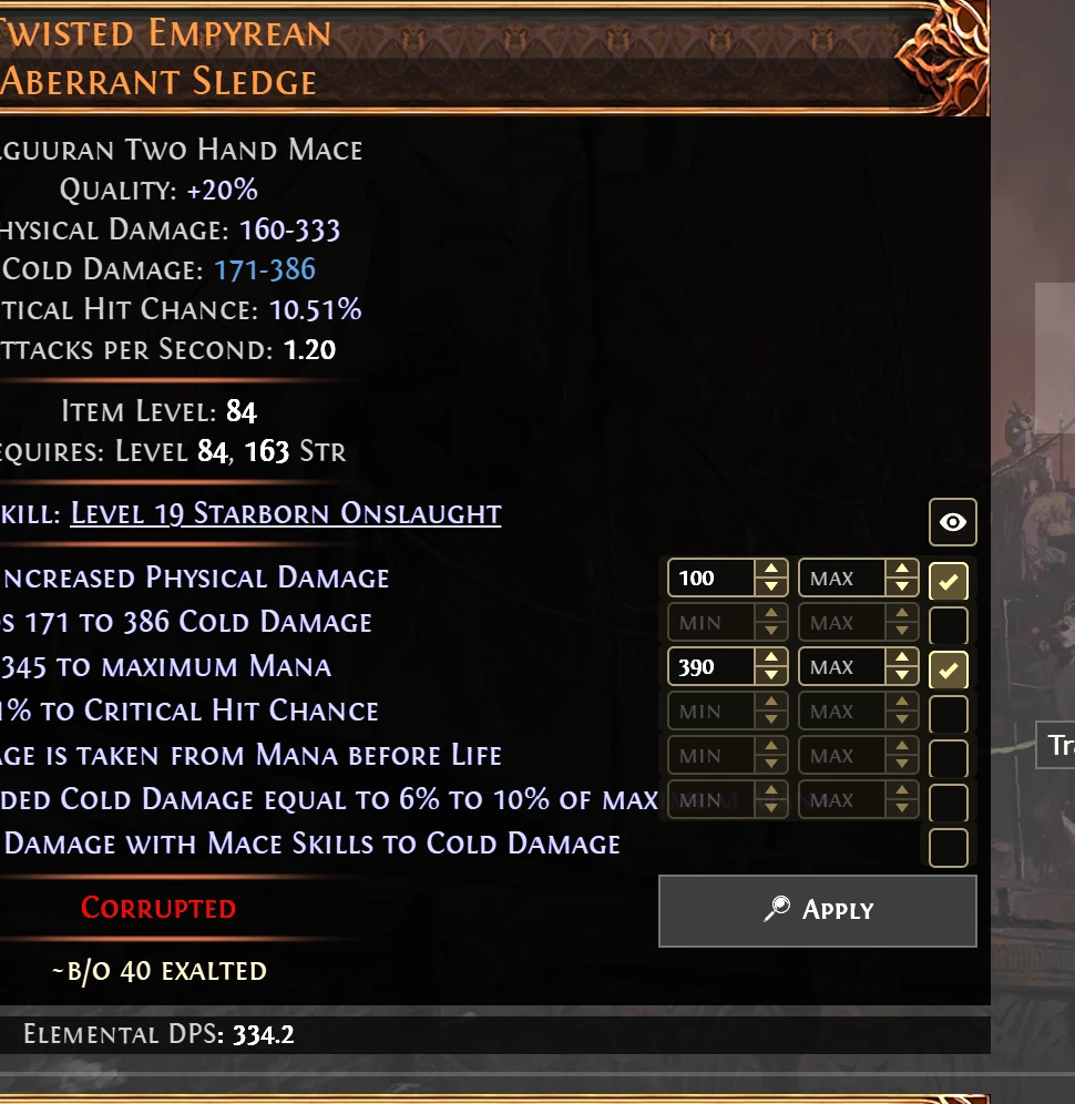 A two-hand mace listing with min and max boxes and checkboxes beside every mod, two mods ticked, and an Apply button below
