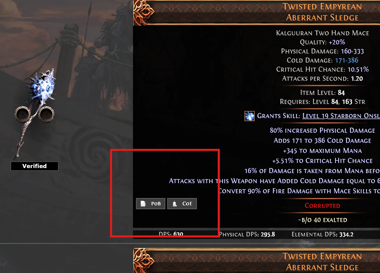 The PoB and CoE copy buttons at the bottom-left of a weapon listing