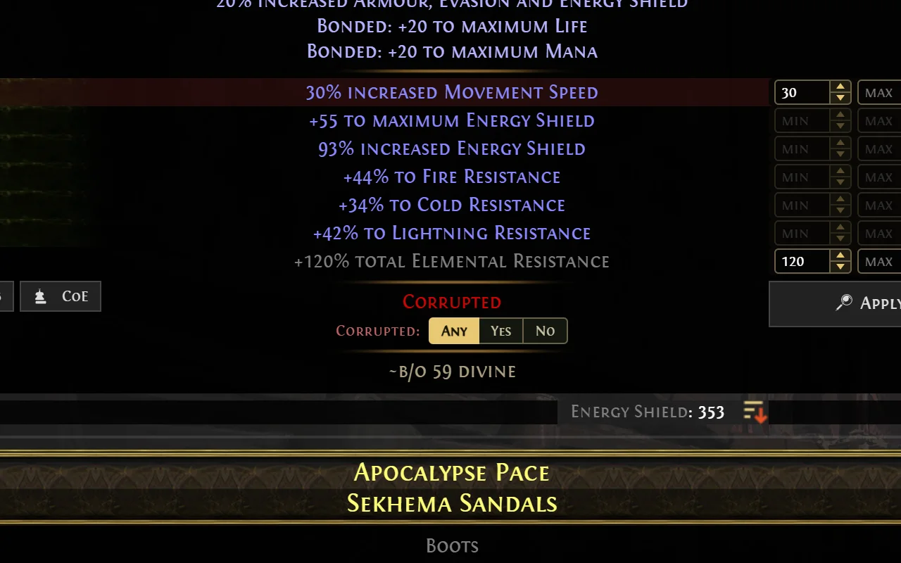 An Any, Yes, No switch below the red Corrupted line on a pair of boots, next to the stat filter boxes