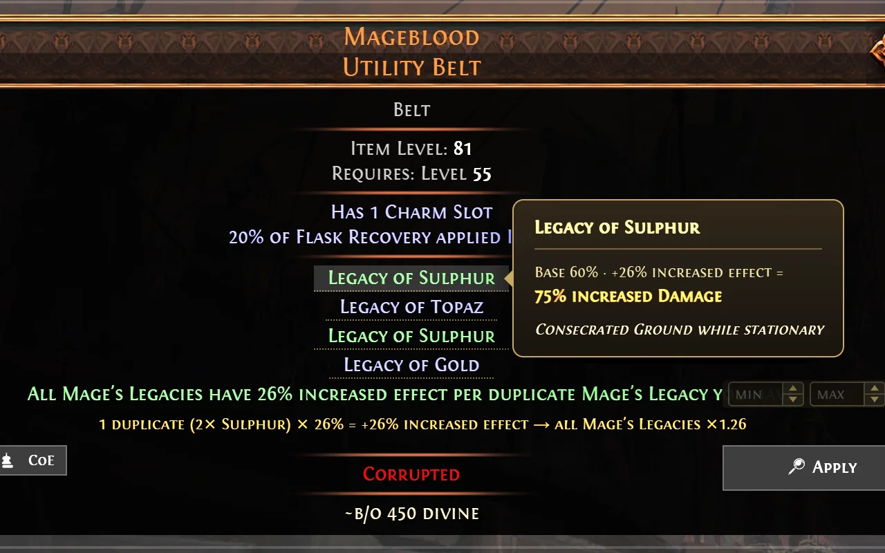 Hovering Legacy of Sulphur on a Mageblood shows a tooltip: base 60%, plus 26% increased effect, equals 75% increased damage