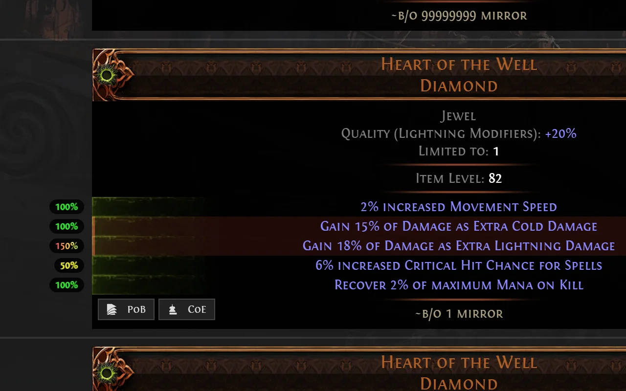 A jewel on the Path of Exile 2 trade site with roll quality percentage pills beside each mod and PoB and CoE copy buttons